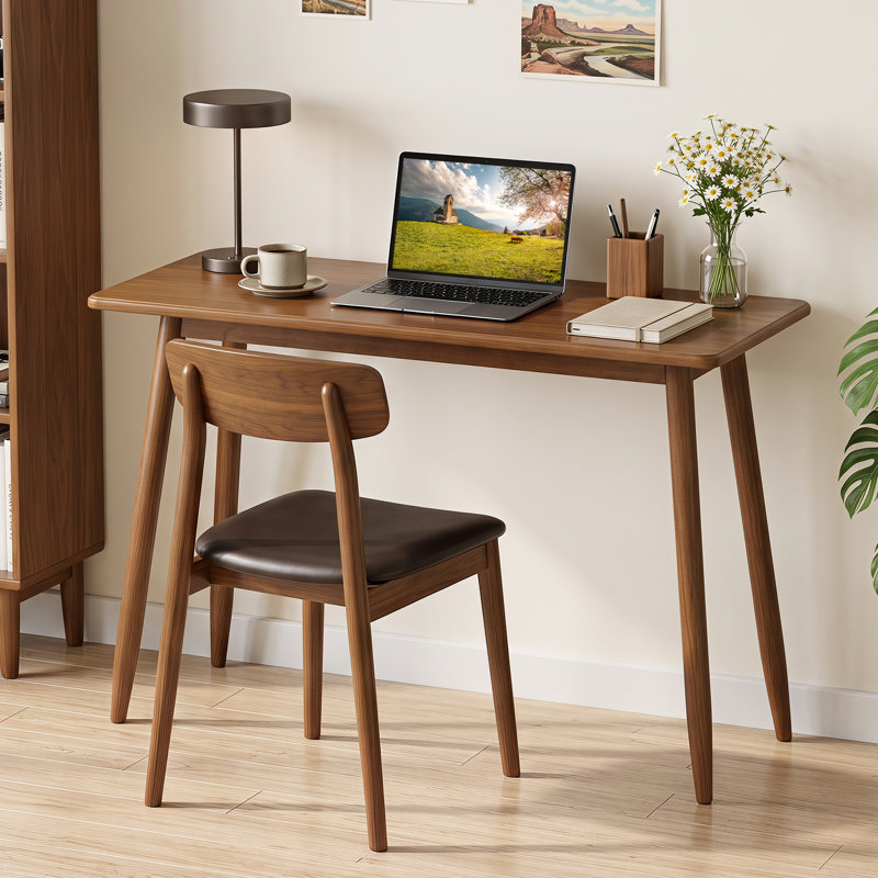 Bureau d'ordinateur avec pieds en bois d'hévéa, plateau de table spacieux pour bureau à domicile et bureau en noyer