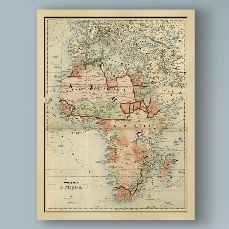 Carte antique d'Afrique par Johnson - reproduction d'art sur toile, H 47 po x l 35 po x P 2 po