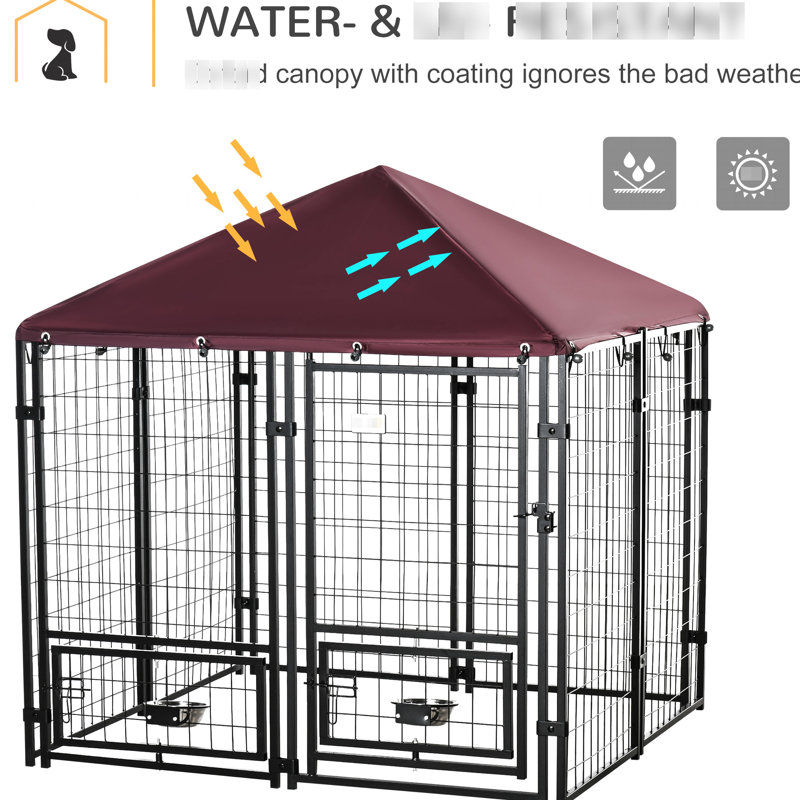 Enceinte d'extérieur pour chien 5 'X - Clôture en acier et toit d'eau, bols rotatifs, chenil, noir et rouge pour l'extérieur