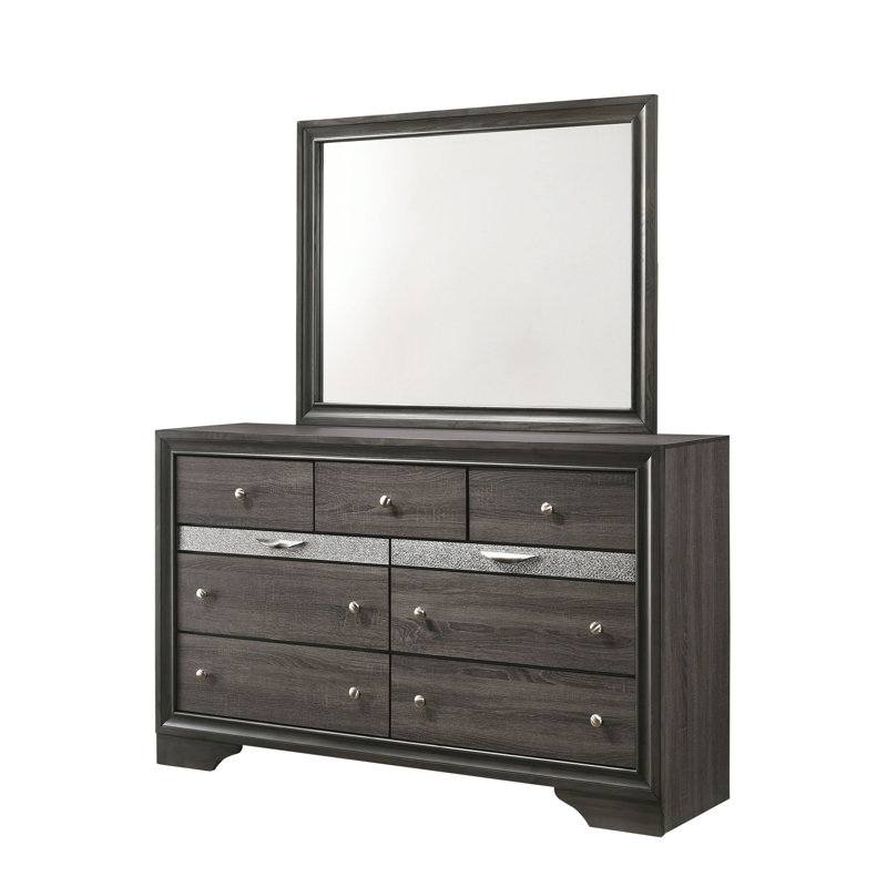 Sana 9-Drawer Dresser with Mirror Set with Hidden Jewelry Drawers, Gray