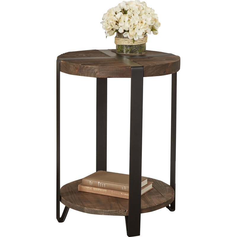 Nedra 20" Dia Rustic Industrial Solid Wood and Metal Round End Table With 1 Shelf