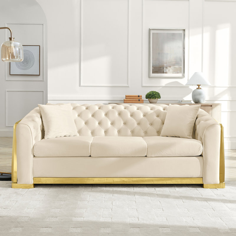Canapé de luxe 84 po en velours capitonné avec décoration en acier inoxydable doré, Beige