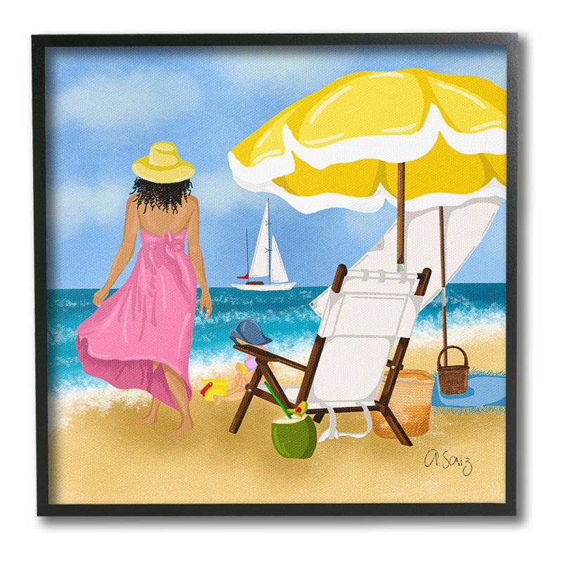 Femme se promenant sur la plage, estampe numérique de Ale Saiz Studio, Giclée encadrée noir minuit, H 24 po x l 24 po