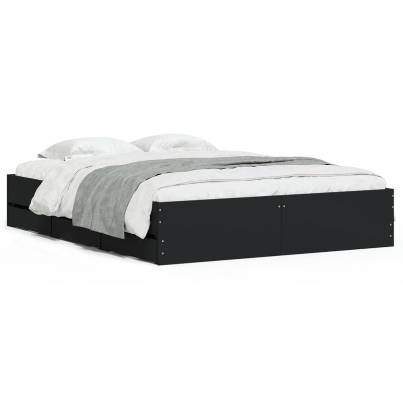 17 Stories Bed Frame With Drawers Double Engineered Wood, Black, EU Double - 140 x 200 cm