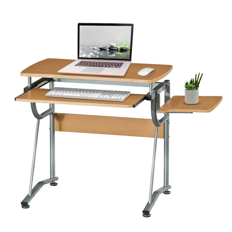Bureau d'ordinateur à finition cerisier avec plateau pour clavier et tablette pour imprimante