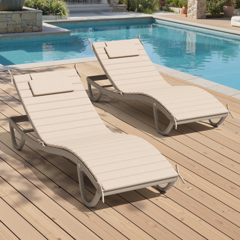 80"L X 26"W Outdoor Lounge Chair Cushions With Headrest And Ties (Set of 2 ), 25.98" W x 79.92" D, Beige