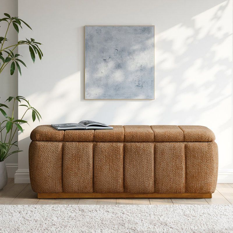Vanesa 50.5"W Modern Chenille Fully Assemble Upholstered Filp-Top Storage Bench With Solid Wood Base, Caramel