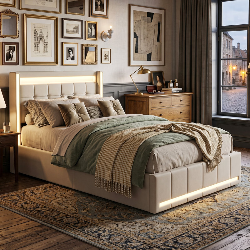 UK & EU Linen Upholstered Bed Frame with 360° RGB LED & USB Type-C, Underbed Storage Drawers, Single, Double & King, Grey & Beige