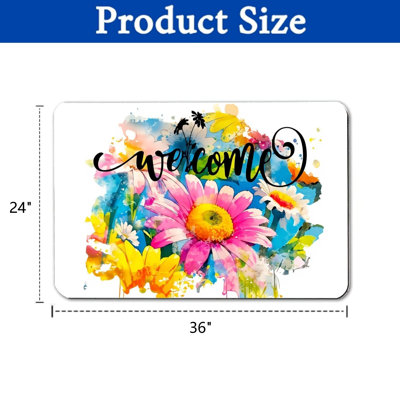 Watercolor Daisy Welcome Script 24 x 36 in Entry Rug Interior and Exterior Decor