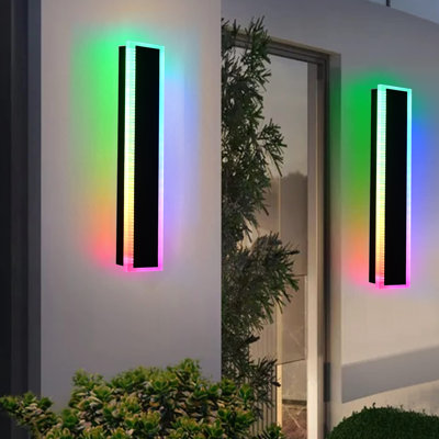 2 Packs 24In Long Outdoor RGB LED Wall Lights, 5.1In Wide Exterior Wall Light Fixtures Black Dimmable Long Strip Wall Sconce With Remote Control For House Garage Patio Porch, IP65 Waterproof. Integrated LED Bulbs Included.