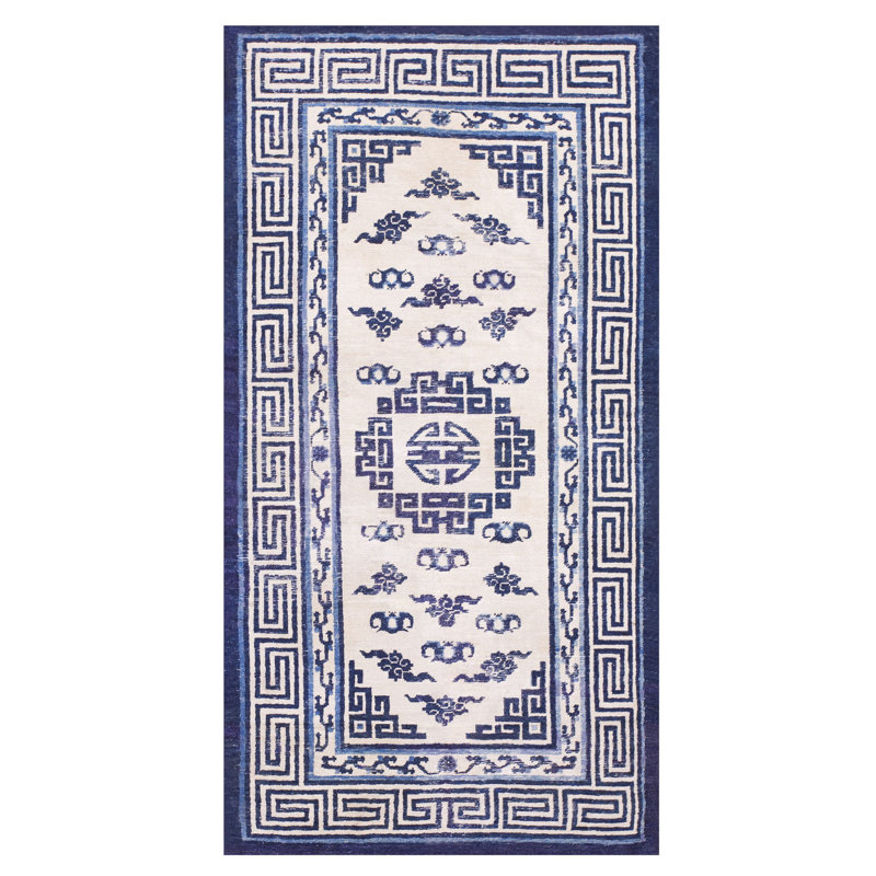 Tapis mongol antique blanc et bleu