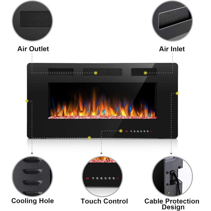 36 Inch Electric Fireplace Inserts, in-Wall Recessed and Wall Mounted 750/1500W Fireplace Heater, Touch Screen, Remote Control with Timer, Adjustable Flame Color and Speed