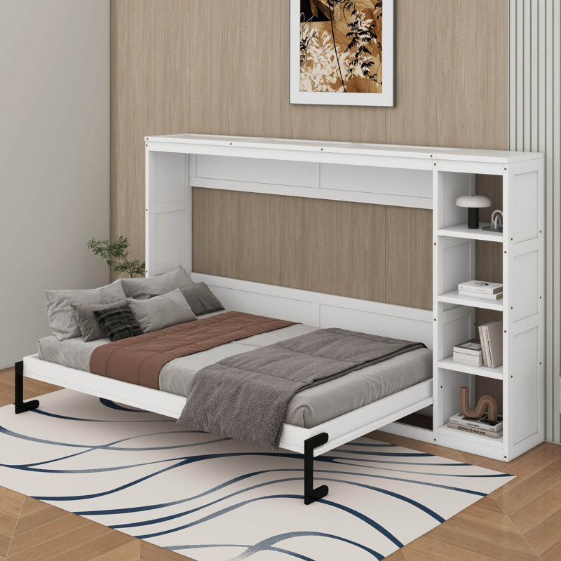 Lit escamotable double avec bibliothèque, Blanc, Lit double
