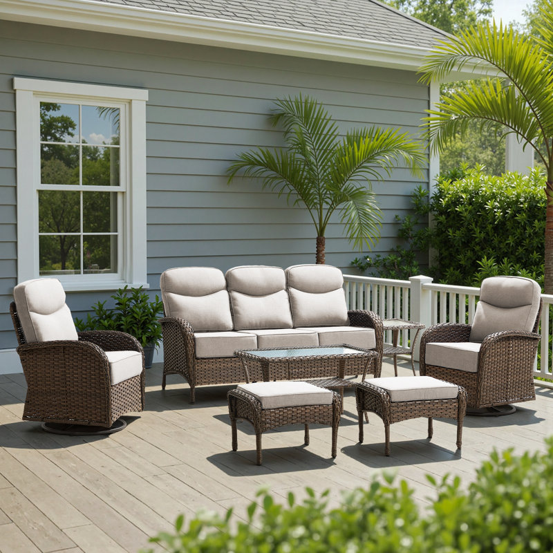 Alakai 7 Piece Outdoor Wicker Garden Party Conversation Set With Swivel Chairs, Sofa, Ottomans And Tables, Beige