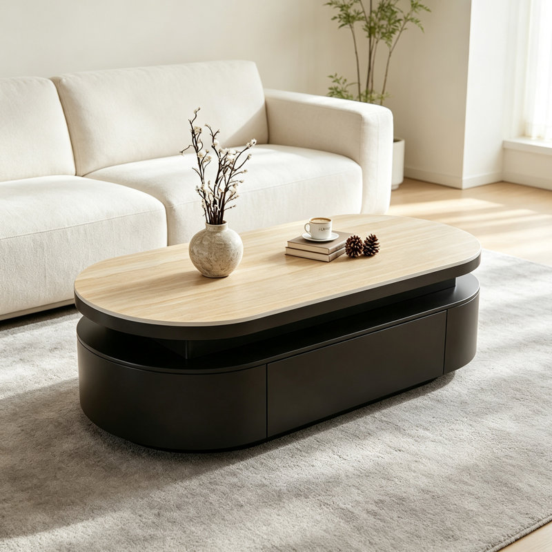 Table basse moderne avec tiroirs de rangement grande capacité, H 15,74 po x l 39,37 po x P 19,68 po, Brun clair / noir