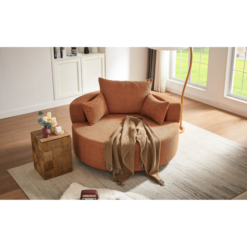 Fauteuil pivotant à 360 degrés - rouge orangé, sièges spacieux, chenille, coussins amovibles pour la vie, la chambre à coucher, utilisation de bureau 360 avec profondeur de siège en tissu d'ameublement en chenille, coussins, salon élégant, bureau,