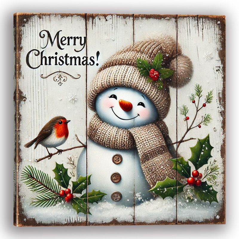 Jolly Snowman and Robin - Holiday Canvas Print, 30" H x 30" W x 1.5" D