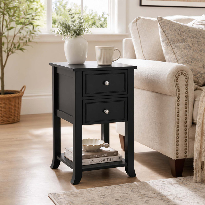 Manhattan 2 Drawer End Table with Shelf, Black