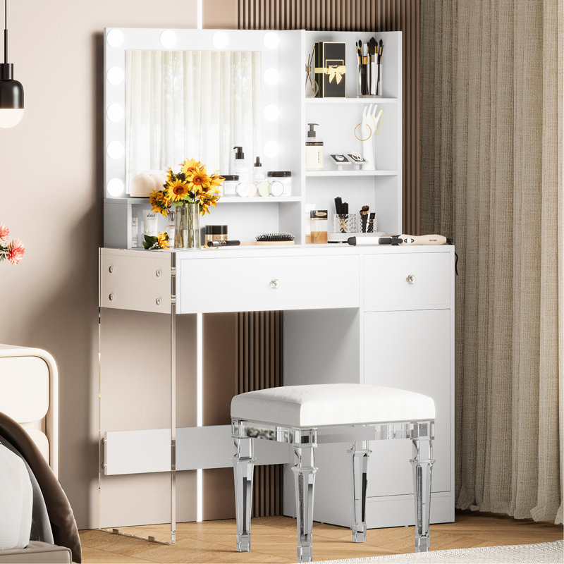 Coiffeuse avec miroir, 3 modes d'éclairage, plateau en verre trempé, 2 tiroirs, tablettes, chargement, blanc, 12 lumières, luminosité réglable, pieds, armoire, rangement, construction