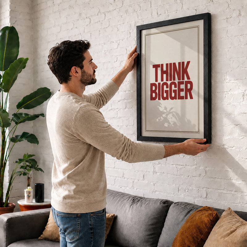 Think Bigger Minimalist - Framed Print, A2 - 59.4 x 42.0 cm, Oak