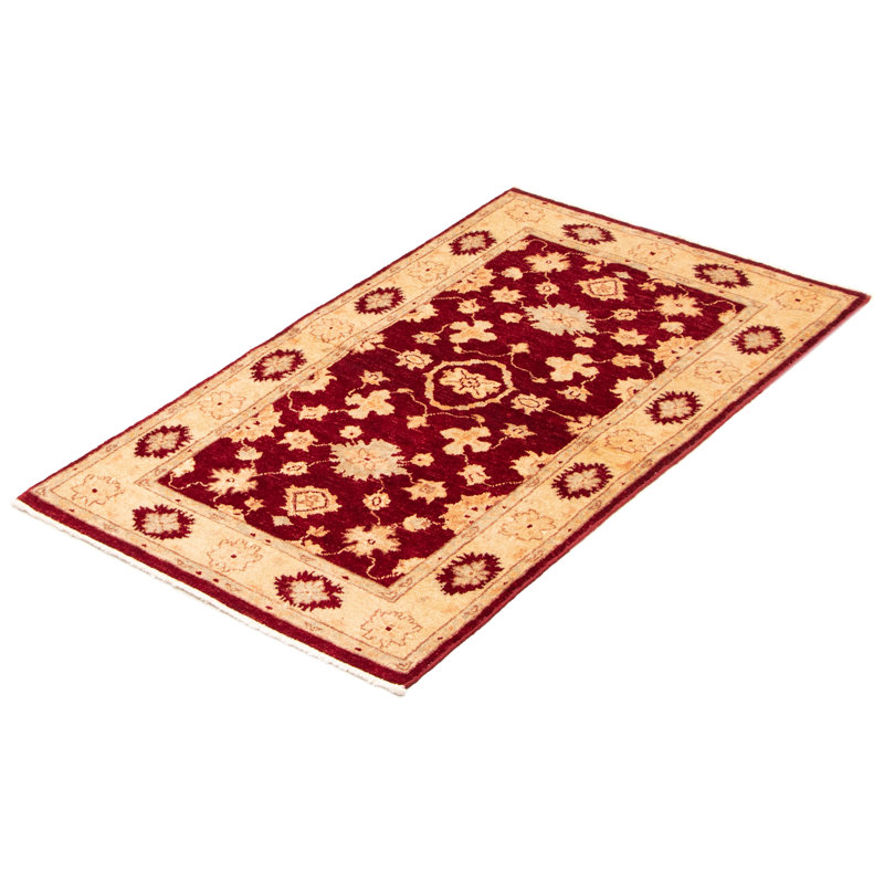 Tapis rouge foncé en laine noué à la main de conception unique 3 pi x 5 pi 4 po Oksen