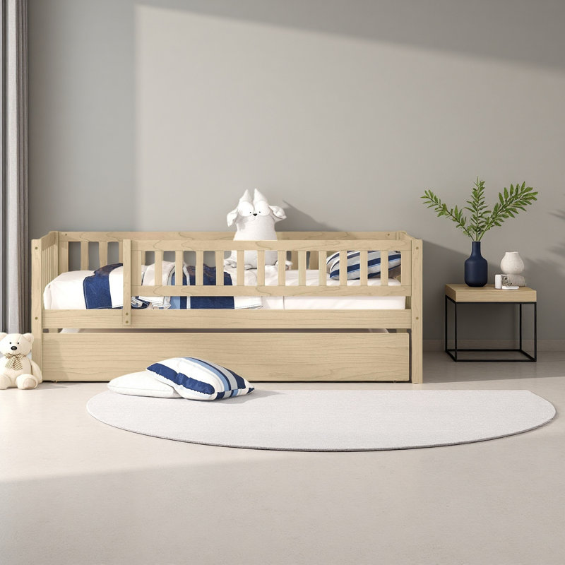Twin Size Wood Daybed With Trundle And Fence Guardrails, Natural