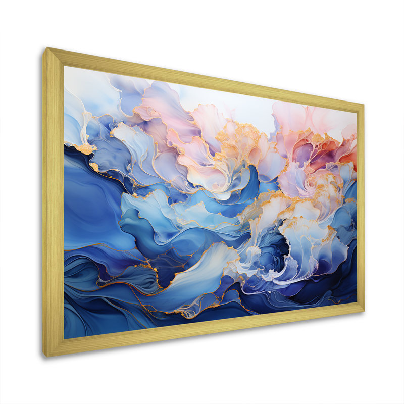 Rêve d'encre rose et bleue sur toile, Cadre doré simple, H 12 po x l 20 po x P 1 po