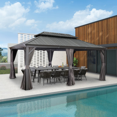 PURPLE LEAF 12' X 18' Permanent Hardtop Gazebo Aluminum Gazebo with Galvanized Steel Double Roof for Patio Lawn and Garden, Curtains and Netting Included, Gray