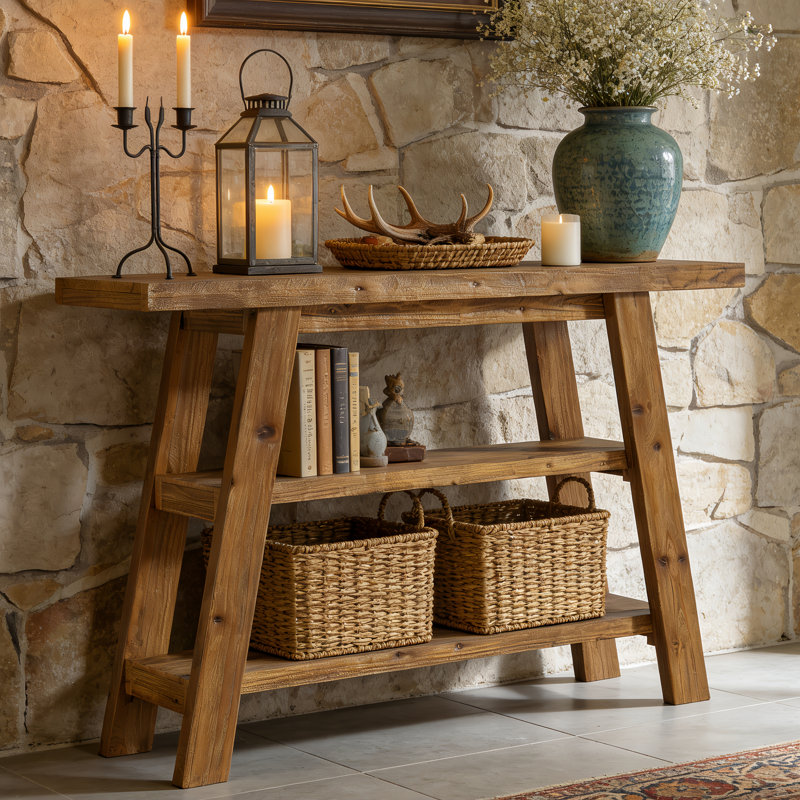 Solid Wood Console Table, 47.24" Long Farmhouse Entryway Table With 3-tier Shelves, Brown