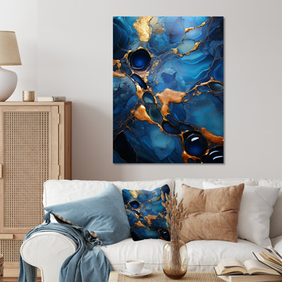 Or et saphir bleu marbré mosaïque II - impression abstraite d'art mural en métal