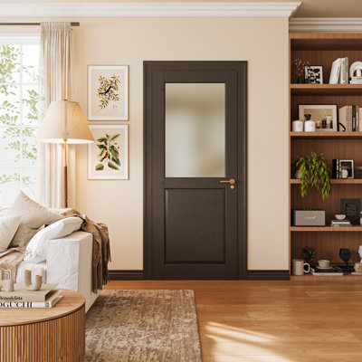 32" x 80" Black 1-Lite Frosted Glass Solid Core MDF Slab Interior Door Without Hardware Kit