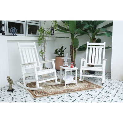 All Weather 3 Rocking Chair With Side Table, White. Comfortable Ergonomic Back. Widened And Contoured Seat. 32.5"D X 25.9"W 41.7"H. Holds 380 Pounds. 30 Mins Partial Installation. Made Of 304