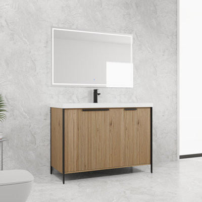 Meuble-lavabo autoportant de 48 po avec lavabo en résine et portes d'armoire à fermeture en douceur, parfait pour les salles de bain modernes et un grand espace de rangement