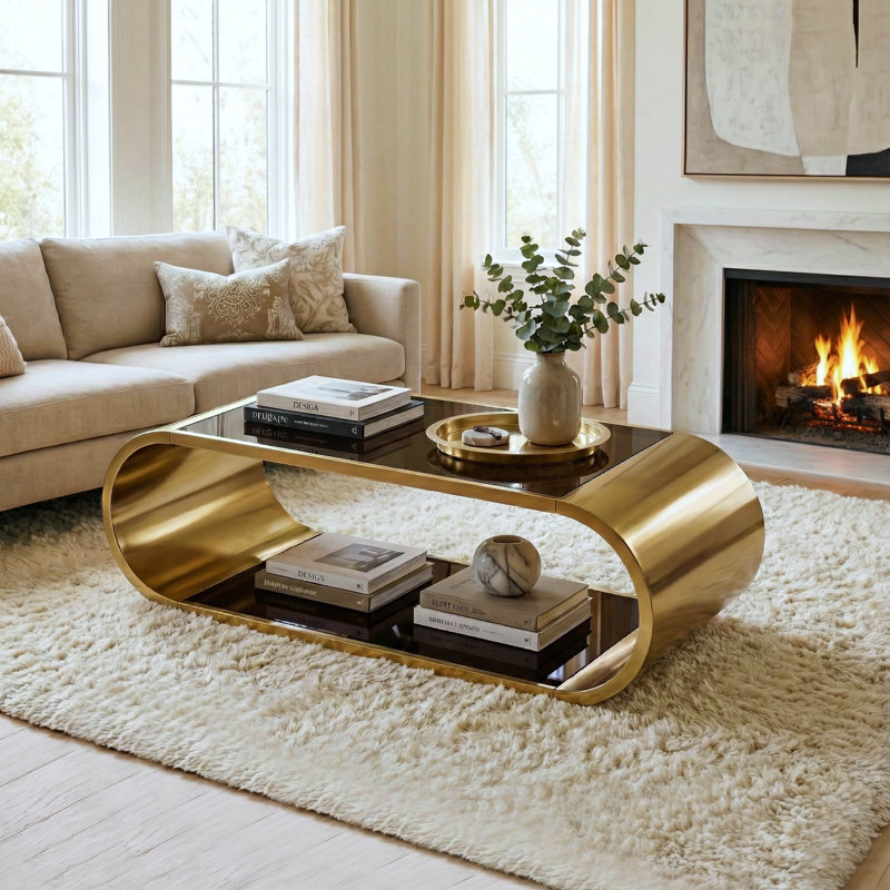 Table basse de 57 po de style moderne avec plateau ovale de 57 po en acier inoxydable doré et plateau en verre trempé pour salon