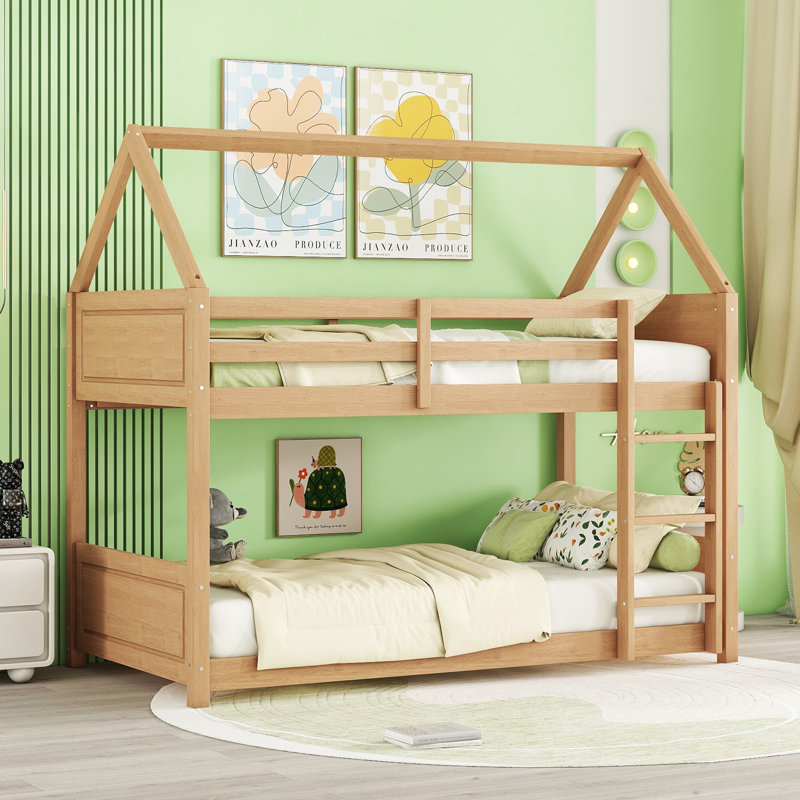 Lit superposé simple au-dessus d'une chambre simple avec tête de lit, pied de lit et garde-corps, échelle, lit superposé en bois d'hévéa avec garde-corps de sécurité, chêne blanc
