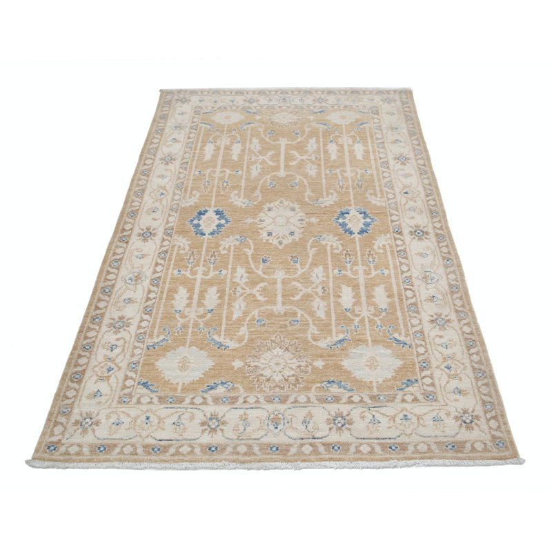 Tapis à motif floral en laine noué à la main de 3,8 x 5,8 pi rouge, beige et bleu clair