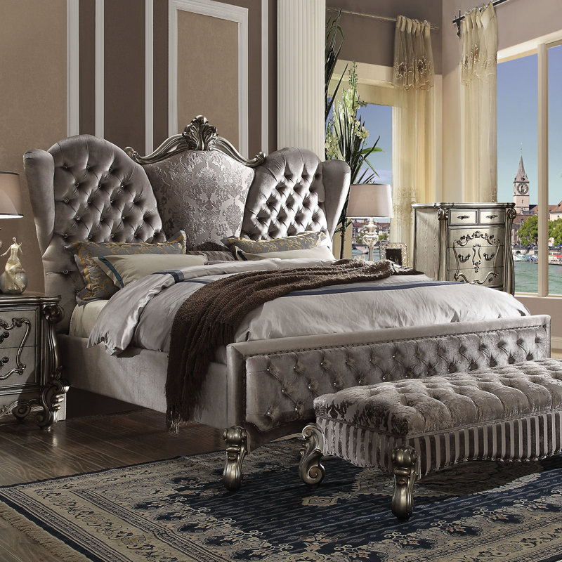 Gray Velvet Upholstered Queen Bed with Nailhead Trim