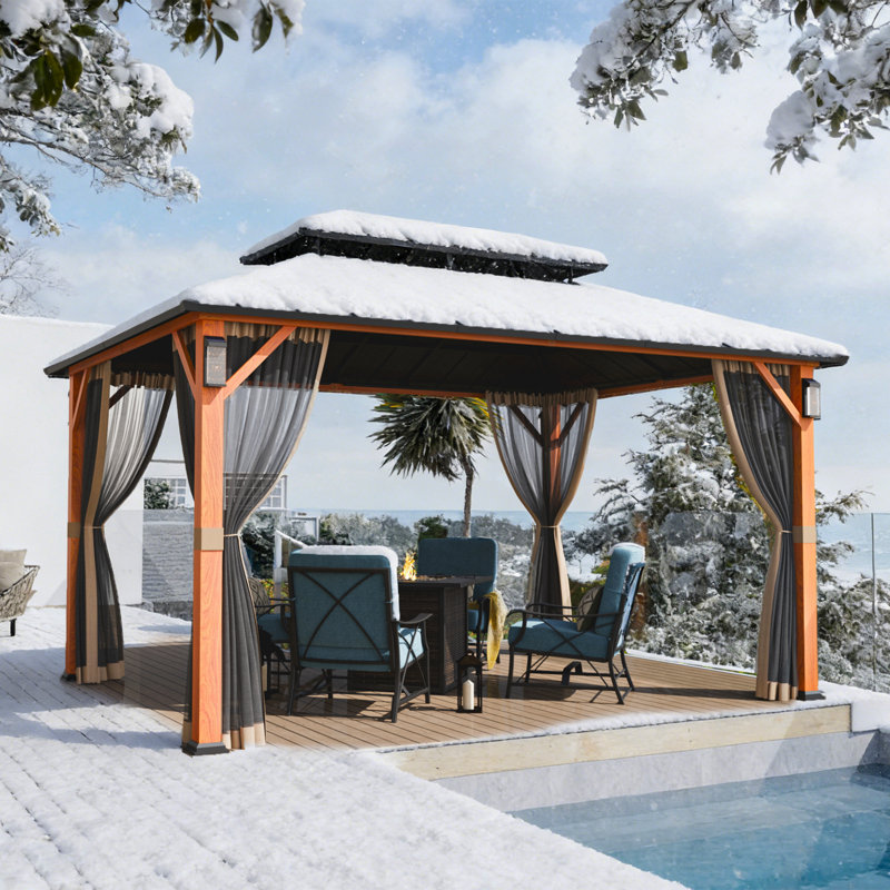Pavillon de jardin à toit rigide 10 pi x 14 pi Hamilton avec lumières solaires auto-alimentées, moustiquaire et crochet pour auvent