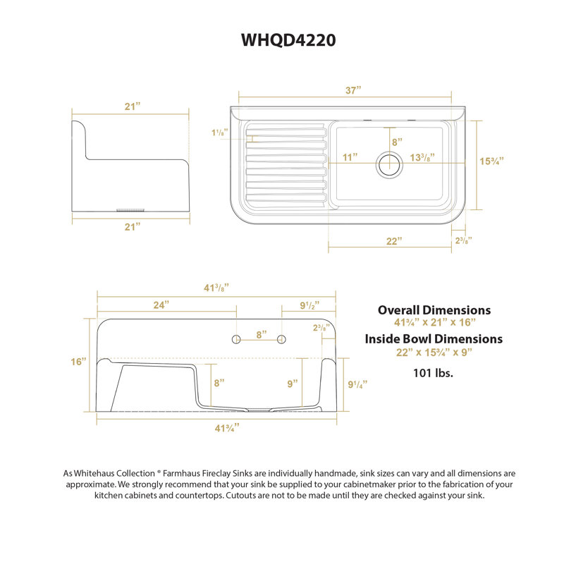 Heritage 42" Front Apron Single Bowl Fireclay Sink with Integral Drainboard and High Backsplash