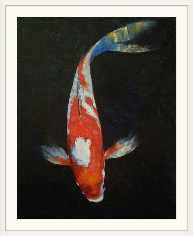 «Wireman Kohaku Koi Fish» par Michael Creese, reproduction d'art, H 24 po x l 18 po x p 1 po, Cadre blanc