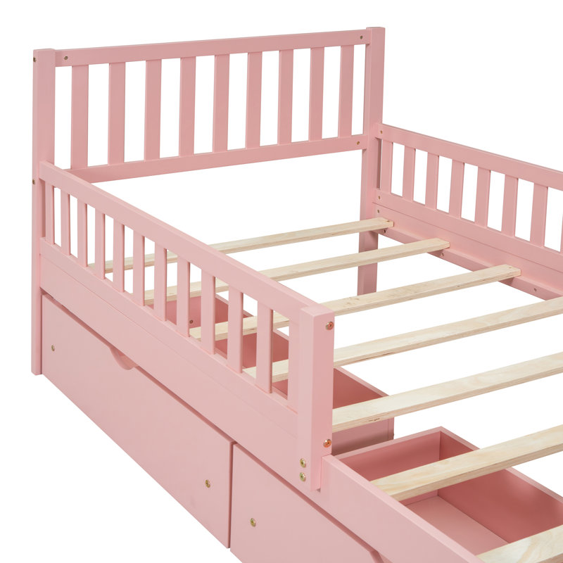 Space-saving Twin Wood Platform Bed With Guardrails And Storage, Pink - Modern Design For Cozy Bedrooms