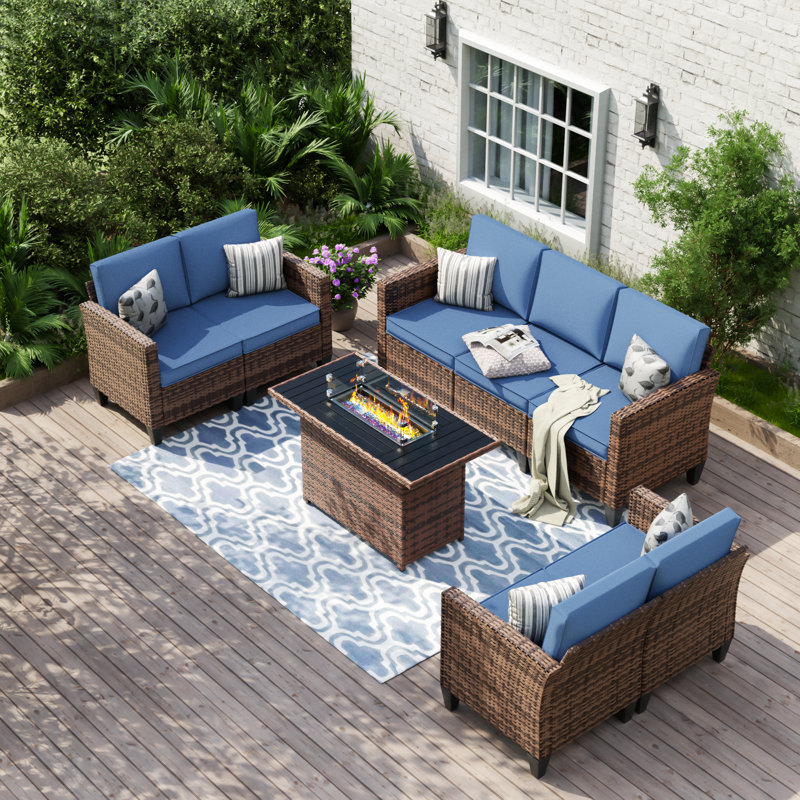 Meyah 7 - Person Outdoor Wicker Patio Sofa Seating Group With Fire Pit Table, Navy