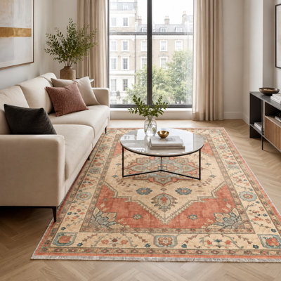 Netline Home Rich Medallion Burnt Red Traditional Washable Rug