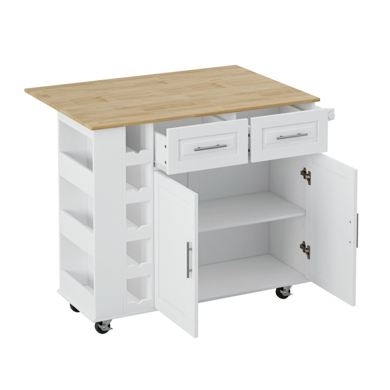 Chariot multifonctionnel pour îlot de cuisine avec 2 portes et 2 tiroirs, Blanc/naturel