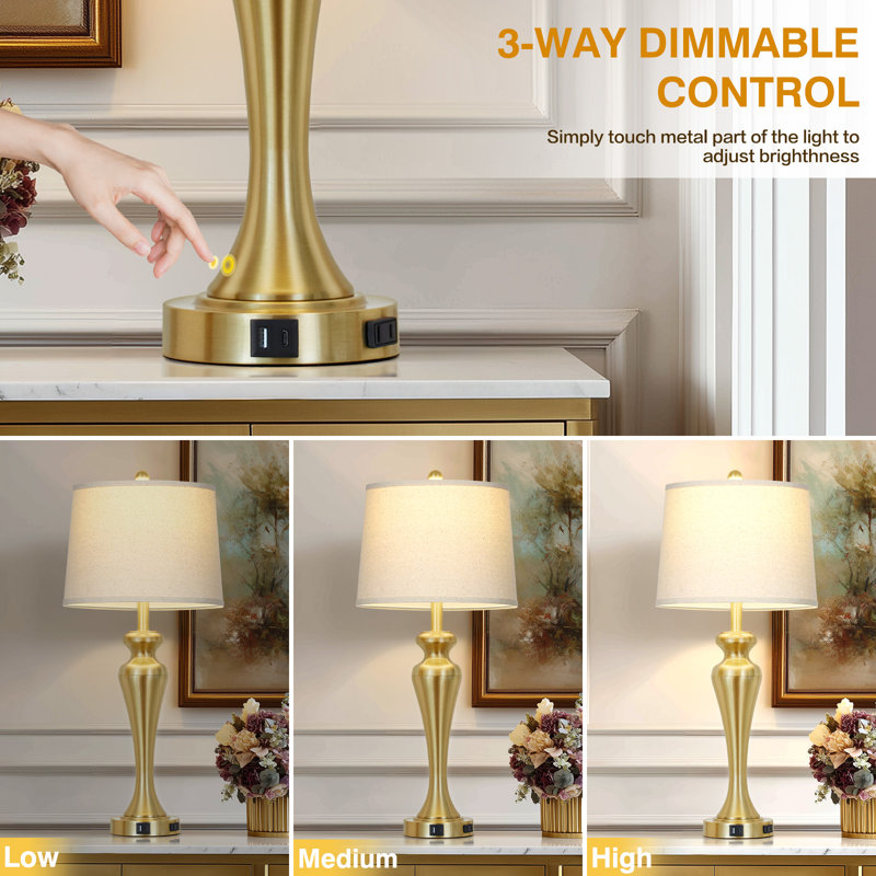 30” Tall Touch Control Table Lamp Set with USB & Type-c Ports, Bulb Included, Gold
