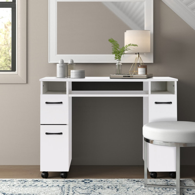 Nail Desk with Drawers and Wheels, Vanity Makeup Desk, White