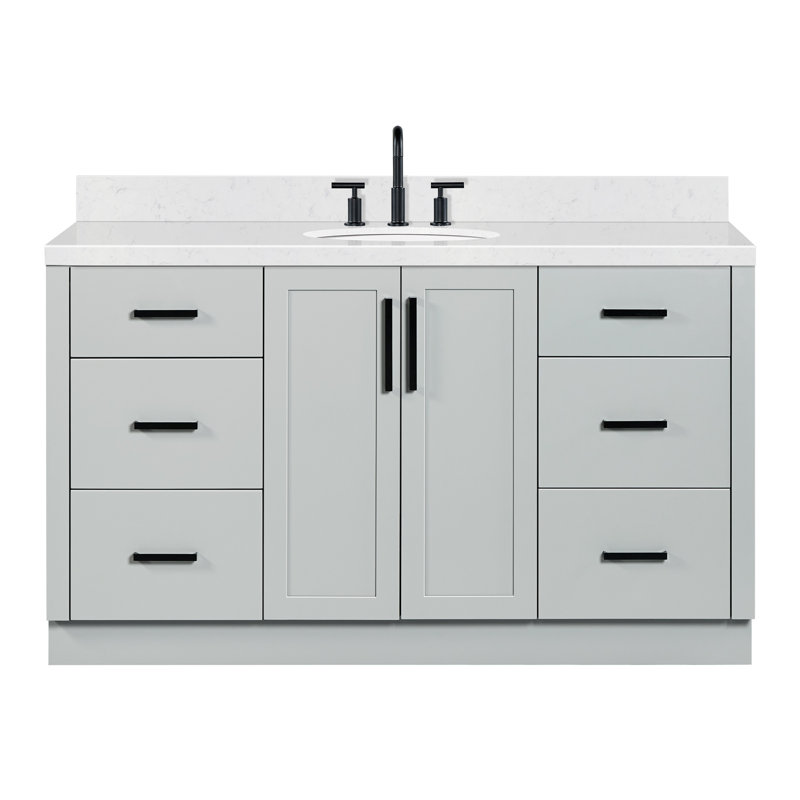 Meuble-lavabo ovale simple de 60 pouces avec comptoir en quartz blanc de Carrare de 1,5 pouce d'épaisseur, finition grise.