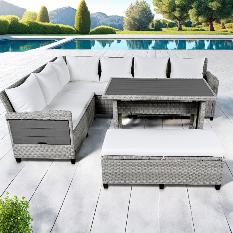 Ensemble de canapé modulaire d'extérieur 5 pièces avec table de salle à manger 5 pièces, Gris, Blanc