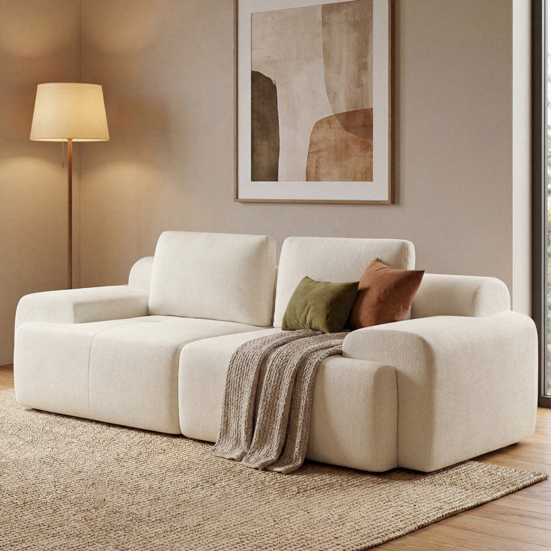 Causeuse de 85 po avec accoudoirs et coussins moelleux, Crème