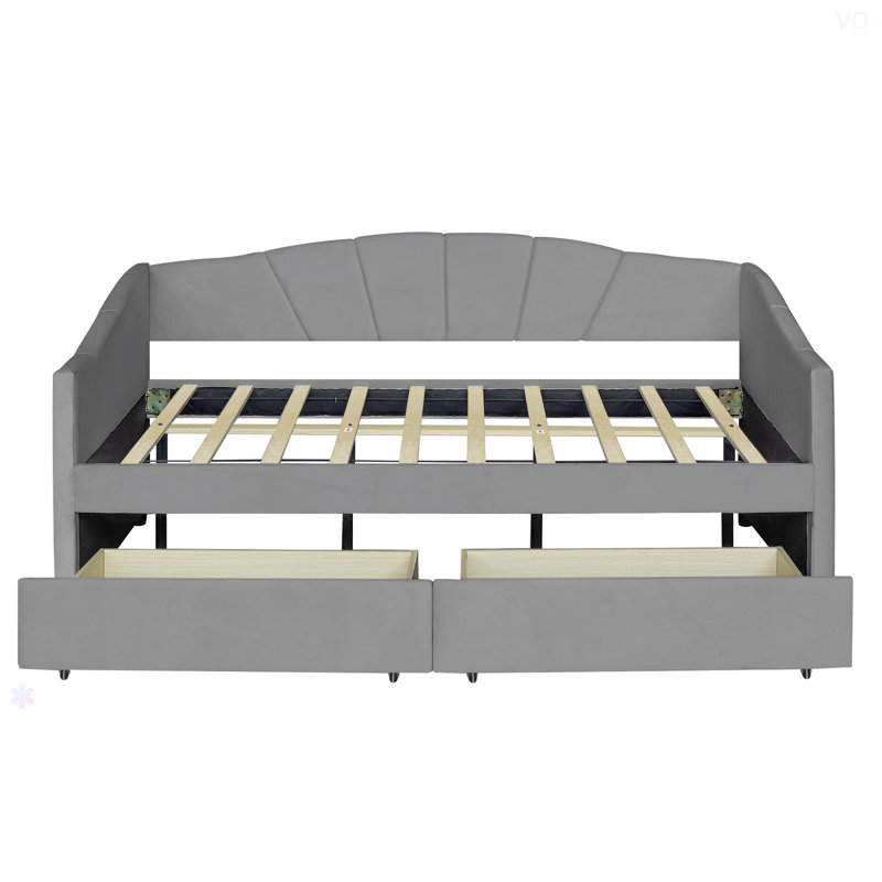 Upholstered Daybed Twin Size With Two Drawers And Wood Slat, Gray
